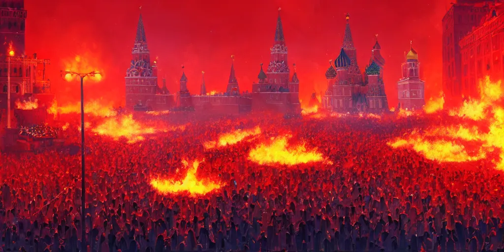 Image similar to high quality picture of burning Red Square in Moscow in flame, rich vivid colors, ambient lighting, dynamic lighting, 4k, HQ, official media, anime key visual, makoto shinkai, ilya kuvshinov, lois van baarle, rossdraws, detailed, trending on artstation