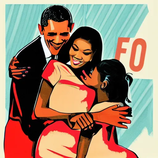 Prompt: barack obama hugging nicki minaj from behind, soviet colored propaganda poster, highly detailed illustration