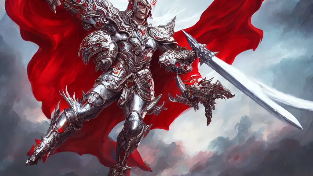 Image similar to male angel flying over hell, flame sword, white metallic armor, red cape, detailed arms, intricate white armor, two arms, two legs, detailed fanart, rpg art, d&d art, macro art, digital art, DeviantArt, artstation, 8k HD