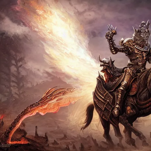 Prompt: hyper detailed, high definition, skeleton warrior, wearing armor, riding a demonic horse with fire eyes, realistic, keith thompson, scott m fischer, anne stokes, alexandros pyromallis, dzo : olivier