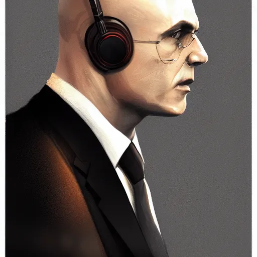 Prompt: a portrait pf agent 4 7 from hitman wearing headphones, highly detailed, digital art, artstation, concept art, smooth, sharp focus, greg rutkowski, wlop