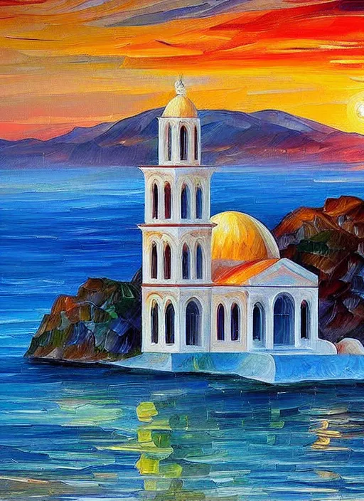 Image similar to beautiful seaside greek chapel surrounded by a village at sunset in the style of leonid afremov