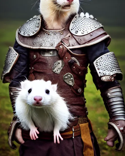 Image similar to ferret love warrior, furry, fantasy, viking, high detailed, hearts, photography, cloudy, lightweight leather armour, scandinavia, plain, detailed face, look into the distance, serious face, full body, in full growth, professional photographer, masterpiece, 5 0 mm, extremely detailed, digital art, middle ages, 8 k