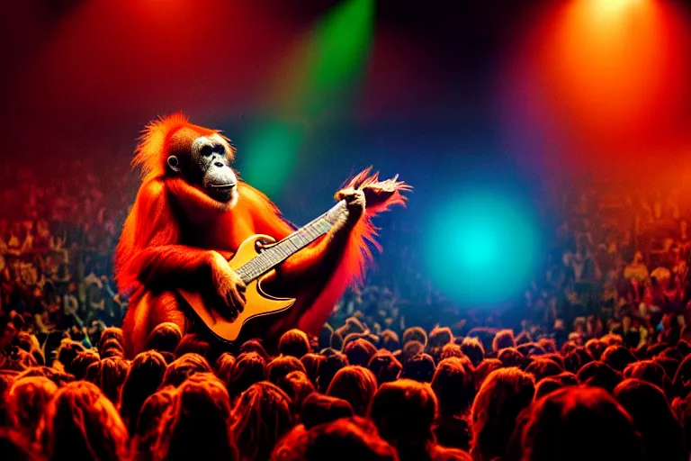 Image similar to vfx film, singing orangutan rockstar onstage band concert, flat color profile low - key lighting award winning photography arri alexa cinematography, big crowd, hyper real photorealistic cinematic beautiful, atmospheric cool colorgrade