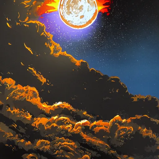 Image similar to nuclear blast moon eclipse, sci - fi, wet brush, poster art, illustrated in the style of jeff lyons