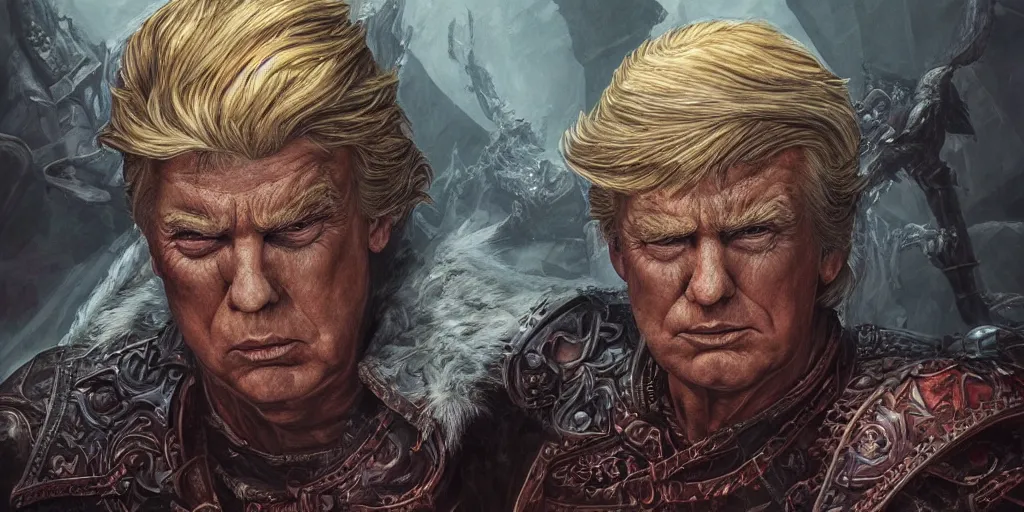 Image similar to hyperrealistic mixed media painting of Trump as a Diablo 2 character, stunning 3d render inspired art by P. Craig Russell and Barry Windsor-Smith, 8k octane beautifully detailed render, post-processing, extremely hyperdetailed, intricate, epic composition, grim yet sparkling atmosphere, cinematic lighting + masterpiece, trending on artstation, very detailed, masterpiece, stunning