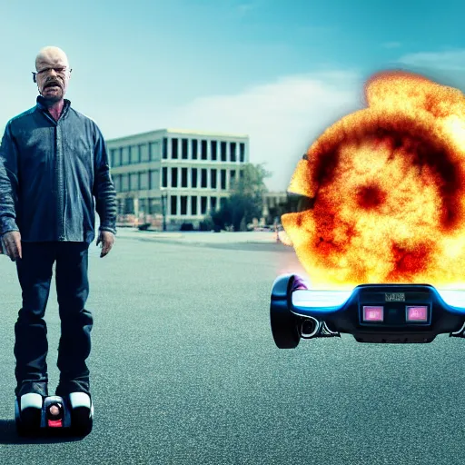 Image similar to Walter White standing on a hoverboard with an exploding building behind him, HDR, 8k,