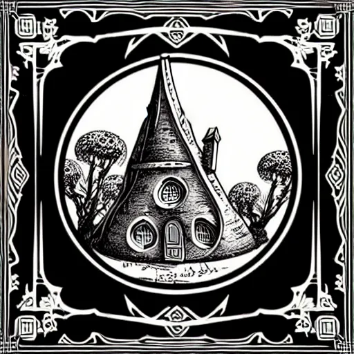 Image similar to square sticker of a hobbit palace, by joe fenton, white background, masterpiece