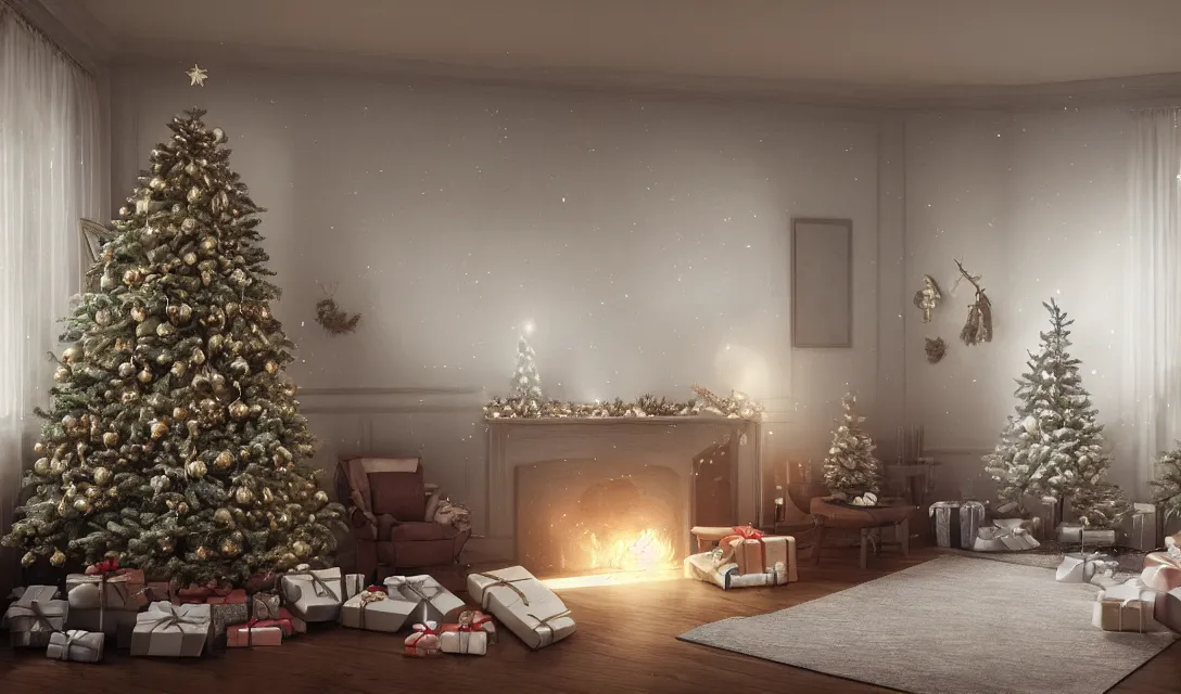 Image similar to a christmas eve in a beautiful home, photorealistic landscape painting on the wall, ascher clemens, home, interior, octane render, deviantart, greg rutkowski, cinematic, key art, hyperrealism, canon eos c 3 0 0, ƒ 1. 8, 3 5 mm, 8 k, medium - format print