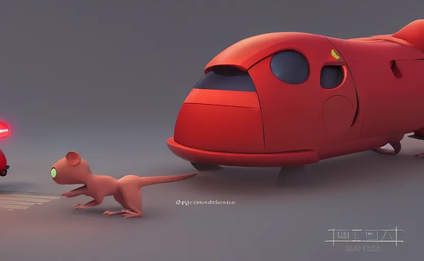 Image similar to a small red futuristic vehicle near a humanoid rat, hyperrealistic, disney and pixar style, concept art, octane render, unreal engine 5, concept art, trending on artstation, cinematic, high coherence, highly detailed, high quality, 8 k, soft lighting, path traced