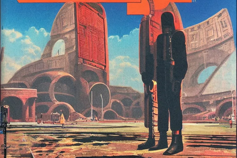 Image similar to 1979 OMNI Magazine Cover depicting an android Goliath standing in a coliseum. Cyberpunk Akira style by Vincent Di Fate