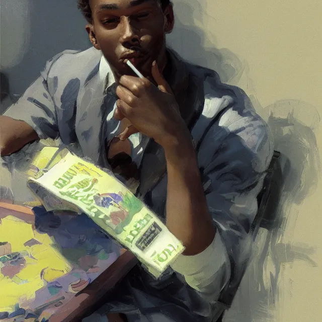 Image similar to 2 0 year old black man, with short hair, smoking tobacco, sitting in a pool of money, portrait, elegant, intricate, digital painting, artstation, concept art, smooth, sharp focus, illustration, art by konstantin korovin and daniel f. gerhartz and john howe