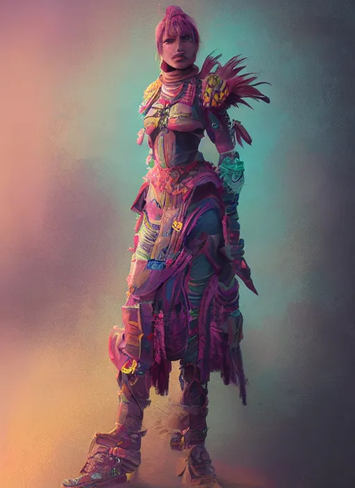 Image similar to detailed full body concept colorful pastel painting of a female road warrior in intricate clothing, cinematic lighting, hyperdetailed, 8k, high resolution, insanely detailed and intricate, octane render