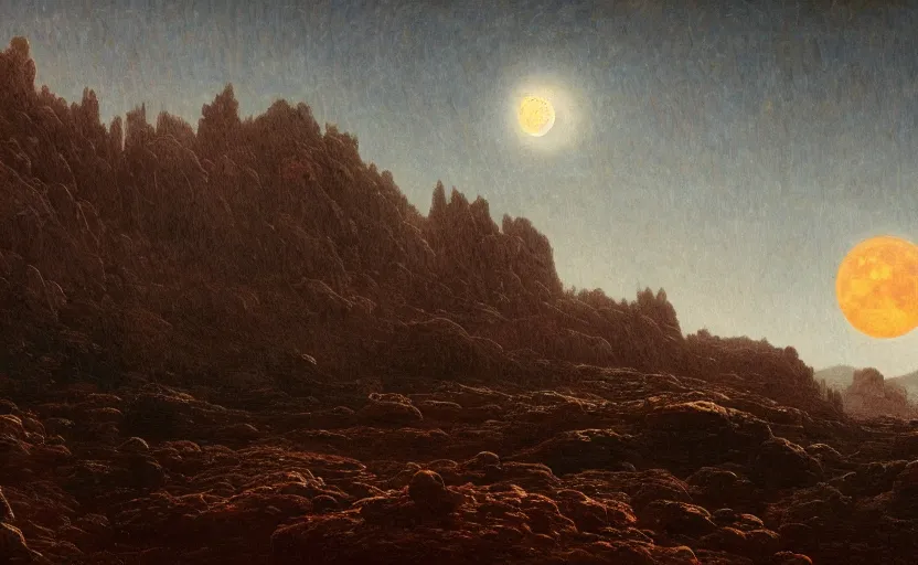 Image similar to moon landscape, close up shot, rocky, at dusk, distant mountains, 4k, rule of thirds, extreme detail, hazy, intricate ink illustration, surreal, surrealist, trending on artstation, cgsociety, hd, calm, complimentary colours, realistic lighting, by Albert Bierstadt, Frederic Edwin Church.