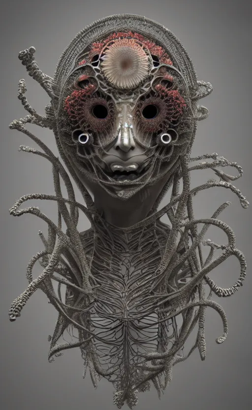 Image similar to gothic goddess intricate mask, eagle coral, jelly fish, mandelbulb 3 d, fractal flame, octane render, cyborg, biomechanical, futuristic, by ernst haeckel