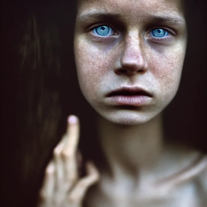 Prompt: Kodak Portra 400, 8K,drammatic light, Rembrandt lighting, highly detailed, britt marling style 3/4 dramatic photographic extreme close-up face of a extremely beautiful girl with clear eyes and brown hair , illuminated by a dramatic light, High constrast, Steve Mccurry, Lee Jeffries , high quality, photo-realistic.
