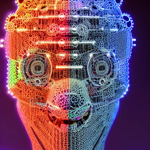 Image similar to a glossy claymodel of a futuristic robot head, top of the head is made of gears and multicolored glowing tubes, glowing digital eyes, 8 k, front shot, symetrical, flourescent colors, halluzinogenic, multicolored, insanely detailed, 3 d render, octane