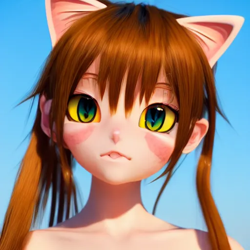 Prompt: Render of a very beautiful 3d anime cat girl, long hair, hazel eyes, cute freckles, full round face, short smile, cute sundress, golden hour, serene beach setting, medium shot, mid-shot, highly detailed, trending on Artstation, Unreal Engine 4k