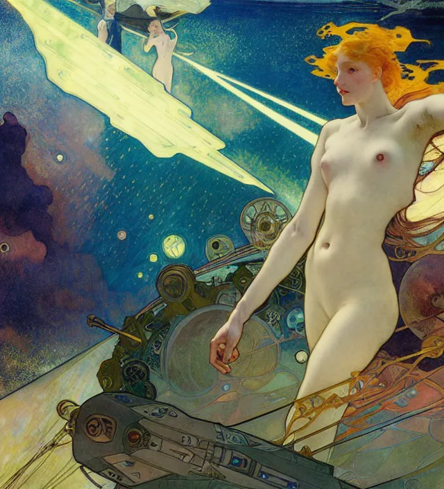 Image similar to spaceship war in the ocean planet, solarpunk style,, by egon shiele and alphonse mucha, with influence of jeremy mann, peter lindbergh, dave mckean, maurice sapiro, and frank moth, soft lightning, highly detailed, 8 k