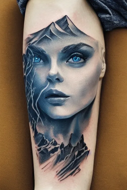 Image similar to tattoo design sketch of a beautiful blue - eyed woman face with a faded background of beautiful mountains and nature on her side, hyper - realistic, in the style of den yakovlev, amazing detail, black and white
