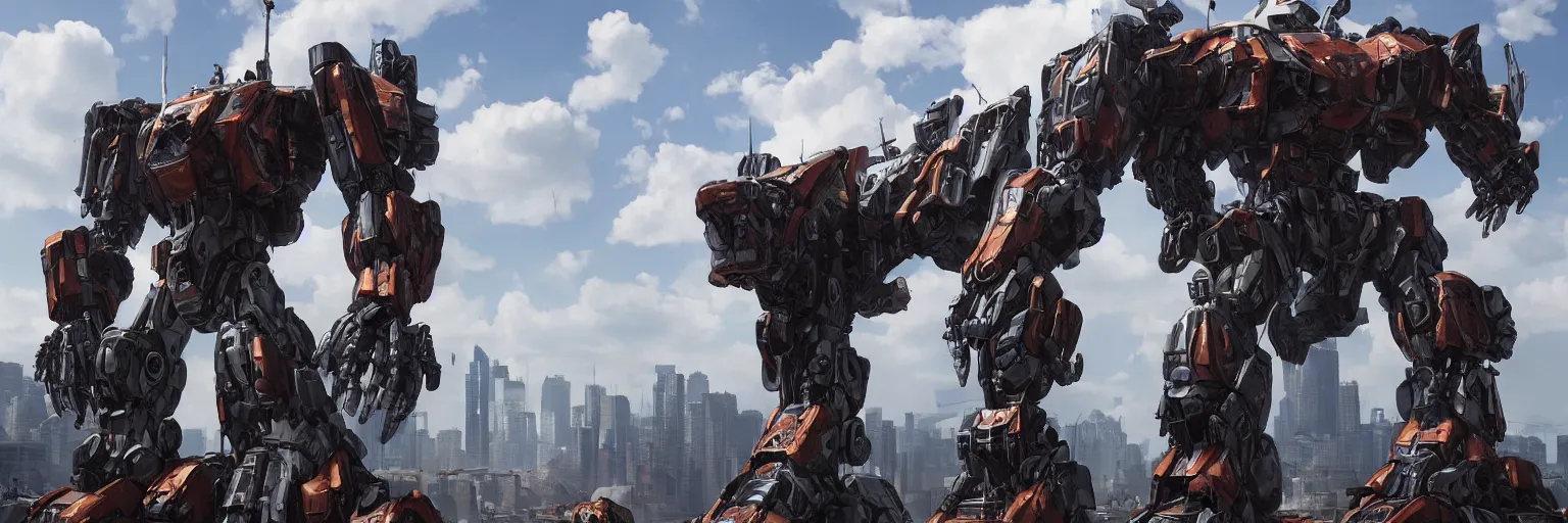Image similar to a beautiful hyperrealistic ultradetailed 3D render of a gigantic mecha standing behinder the city, by brian sum and stephen martiniere and Antonio Manzanedo. mech, dragon, unreal engine, octane render, PBR, 3D, brilliantly colored, intricate, wide angle, volumetric lighting, polished, path tracing