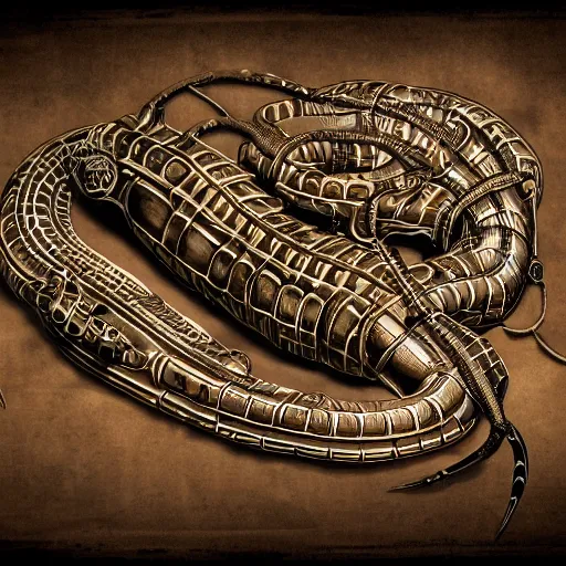 Prompt: a steampunk robotic snake, super - detailed, dark background,