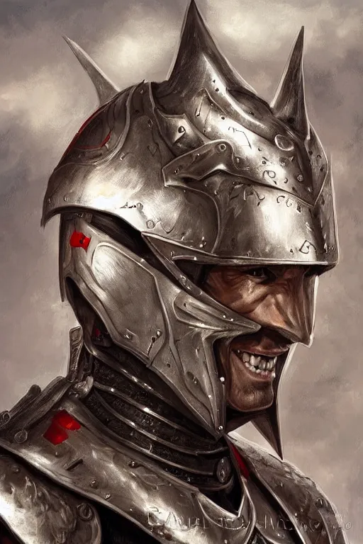 Image similar to emmanuel macron smiling while wearing armour, highly detailed, digital art, sharp focus, trending on art station