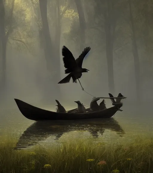 Image similar to three crows in a little boat in a swamp, volumetric lighting, fog, majestic light, octane render, ethereal glare of the sun, hyperrealistic, epic, masterpiece, by greg rutkowski