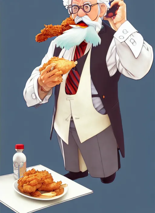 Image similar to cute colonel sanders eating fried chicken, natural lighting, path traced, highly detailed, high quality, digital painting, by don bluth and ross tran and studio ghibli and alphonse mucha, artgerm