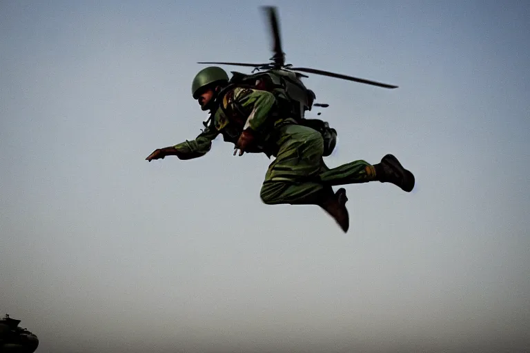 Image similar to closeup portrait of bangladesh army commander jumping from a helicopter, cinematic shot, motion still, atmospheric