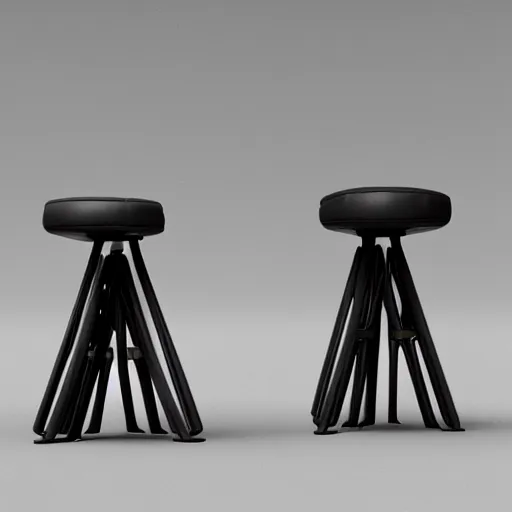 Image similar to a 3 d render of a stool, with the seat being inspired by a formula 1 tyre : : the base and structure of the stool is made of carbon fibre : : showroom environment, studio lighting, unreal engine