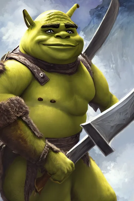 Image similar to A realistic anime portrait of Shrek, warrior, D&D, dual Axe wielding, full body plated armor, dungeons and dragons, tabletop role playing game, rpg, jrpg, digital painting, by Stanley Artgerm Lau, Frank frazzeta, WLOP and Rossdraws, digtial painting, trending on ArtStation, SFW version