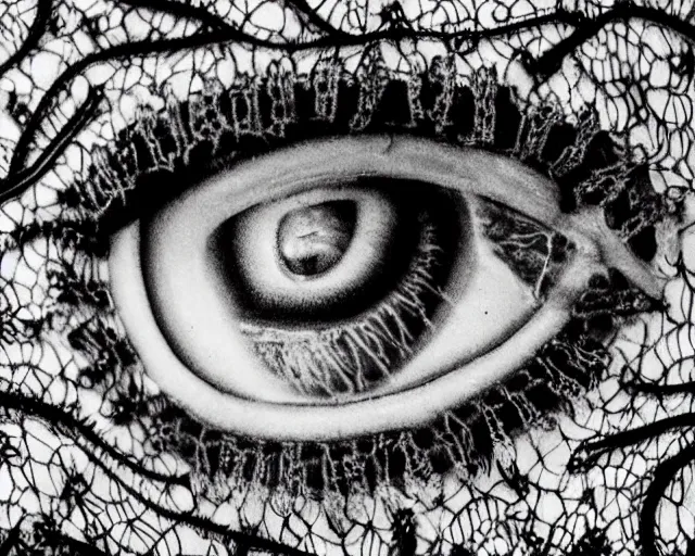 Image similar to extreme close up of a woman's eye, made of intricate decorative lace leaf skeleton, in the style of the dutch masters and gregory crewdson, dark and moody