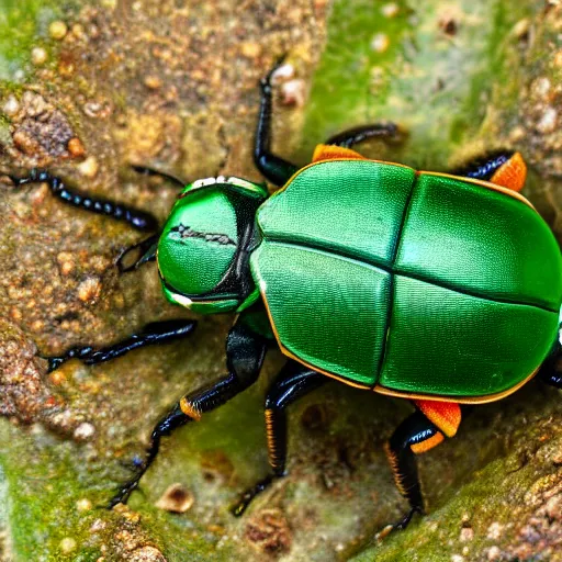 Prompt: hybrid of green beetle and red turtle, photorealistic, close - up