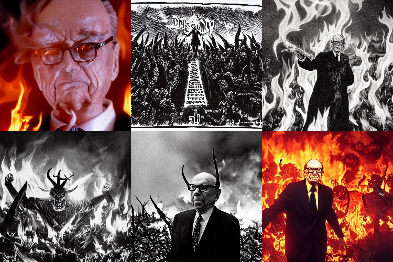 Prompt: Rupert Murdoch as the Devil standing in front of his satanic army in hell, photo realistic, 35mm photograph, fire and flames and smoke, depth of field