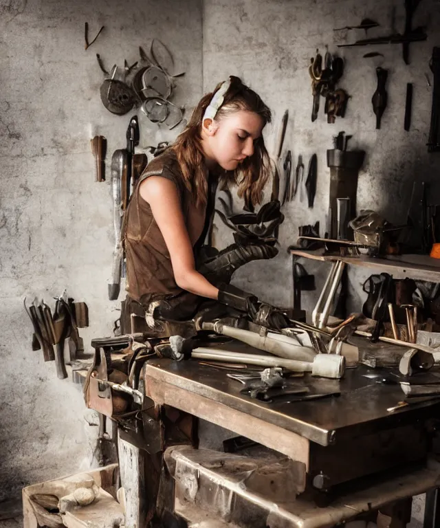 Prompt: A beautiful girl makes bronze gear on a workbench, 50mm photo, soft light, highly detailed, motion blur, trending on artstation