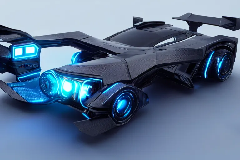Prompt: cyberpunk tron concept inspired car, futuristic look, highly detailed body, aerodynamic body, photorealistic camera shot, bright studio setting, studio lighting, crisp quality and light reflections, unreal engine 5 quality render