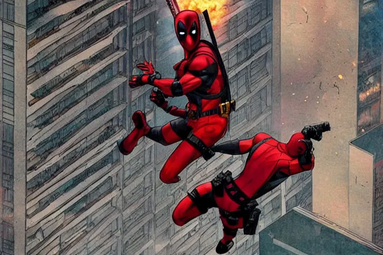 Prompt: Deadpool leaps off militarily helicopter firing missiles and smashes through high rise window, explosions, by Tim Miller