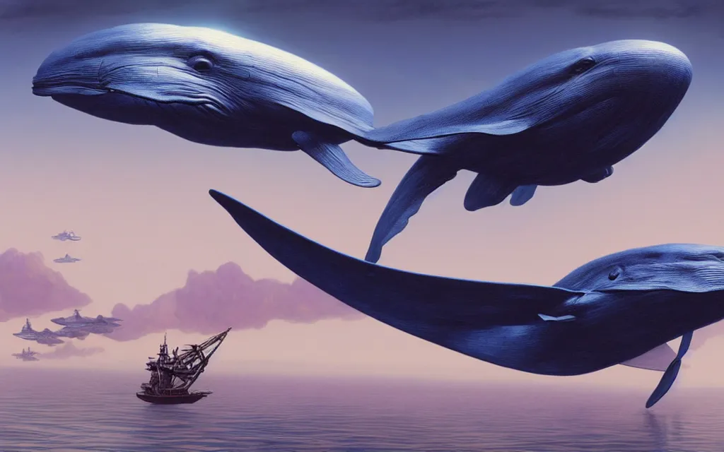 Image similar to realistic render of flying blue whales towards the moon, intricate, toy, sci - fi, extremely detailed, digital painting, sculpted in zbrush, artstation, concept art, smooth, sharp focus, illustration, chiaroscuro lighting, golden ratio, incredible art by artgerm and greg rutkowski and alphonse mucha and simon stalenhag