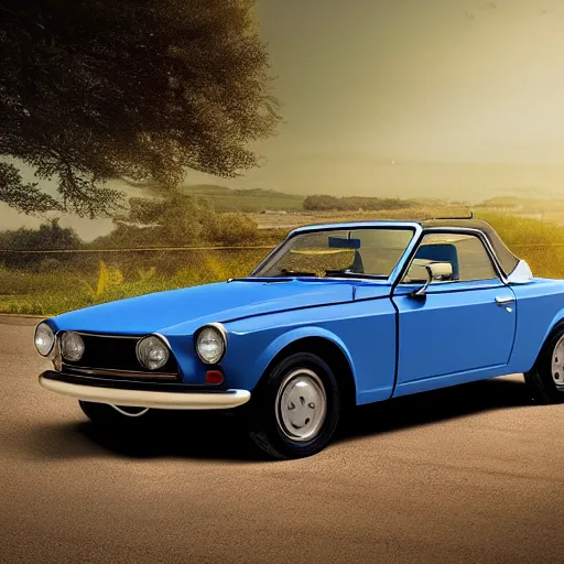 Prompt: a photorealistic image of a blue 1970 Datsun roadster