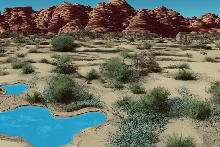 Image similar to desert oasis in a translucent casing electronic environment, ps 4 screenshot, still from a kiyoshi kurosawa movie, sanriocore, full sun lighting, caustic lighting