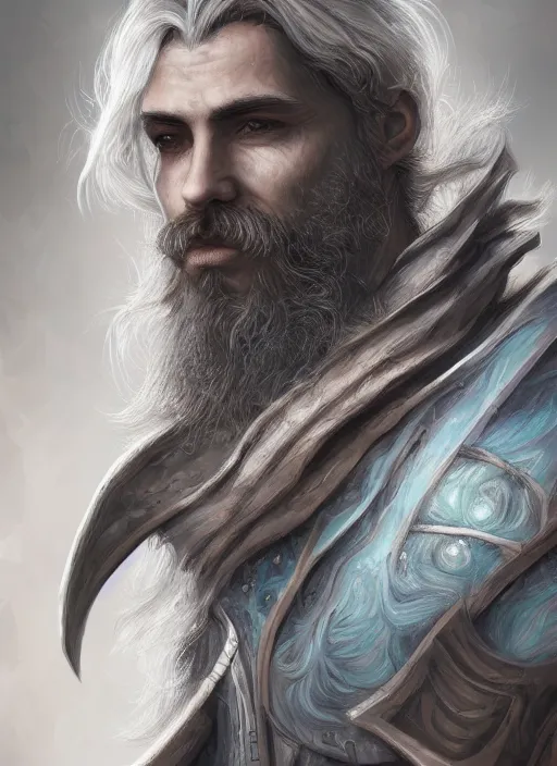 Image similar to an epic fantastic realism comic book style portrait painting of an aasimar warlock, mid thirties, male, shaggy silver hair, short brown beard, d & d concept art, unreal 5, daz, petrol aesthetic, octane render, cosplay, rpg portrait, dynamic lighting