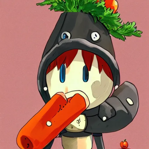 Prompt: cute robot with big tomato hat and a carrot sword, made in abyss style