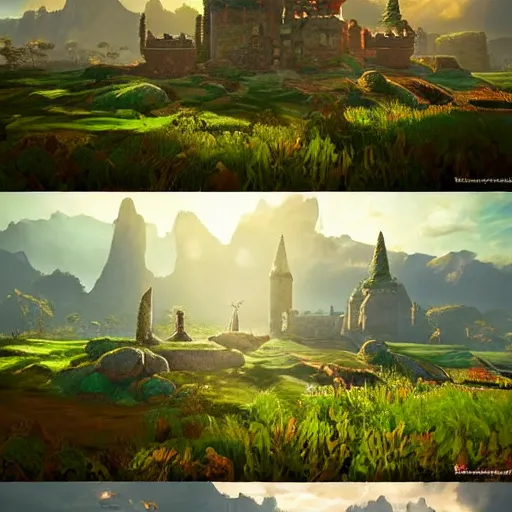 Prompt: a hyperrealistic digital matte painting of a verdant fantasy countryside, breath of the wild, hyrule, very far royal steampunk castle, cgsociety, highly detailed, trending on artstation, azure sky