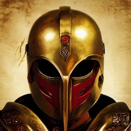 Prompt: “portrait of a spartan helmet battle damaged gold red crest dark night artwork detailed intricate”