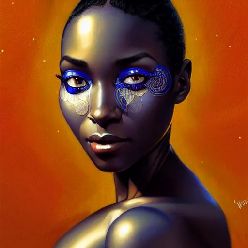 Image similar to Portrait of very very very very very very beautiful african woman, spacesuit, blue eyes, intricate, elegant, highly detailed, digital painting, artstation, concept art, smooth, sharp focus, illustration, art by artgerm and greg rutkowski and alphonse mucha