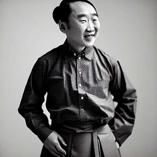 Image similar to realistic photography by araki nobuyoshi of wearing traditional ukrainian shirt designed by taras shevchenko. smiling kim chen in