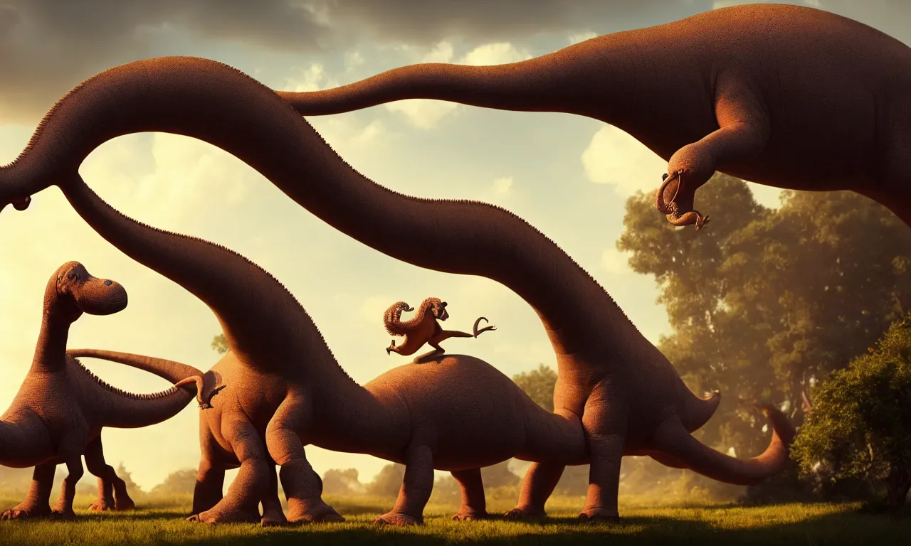 Prompt: cute girl feeding brontosaurus, dramatic pose, high details, raytracing, back light, raymarching, by ilm, by digital domain, by weta digital