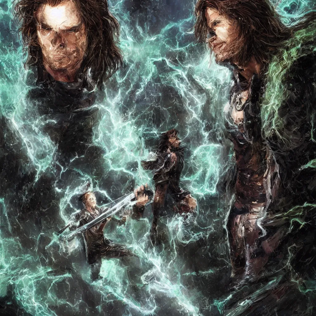 Prompt: closeup, tall, lean man with long wavy brown hair. He wears a torn-up leather jacket and a beige cloth shirt underneath. Black pants, and cowboy boots. Pale green glowing energy glows through the tears in his clothes, and he carries a large crystalline black longsword with red lightning that arcs across the blade. by craig mullins, featured on artstation