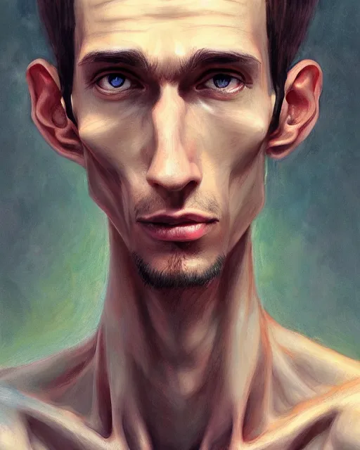 Image similar to semi realistic portrait of a skinny man having tree different eyes with a huge and big Adam's apple by Stanley Artgerm Lau, WLOP, Rossdraws, James Jean, Andrei Riabovitchev, Marc Simonetti, and Sakimichan, trending on artstation